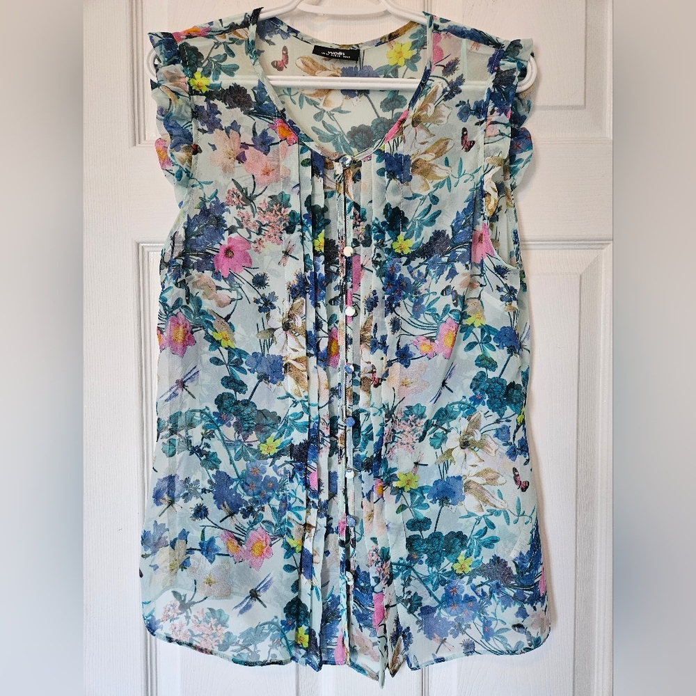 Wallis Sheer Chiffon Sleeveless Blouse Size 10 Front Pleats Arm Ruffles Buttons